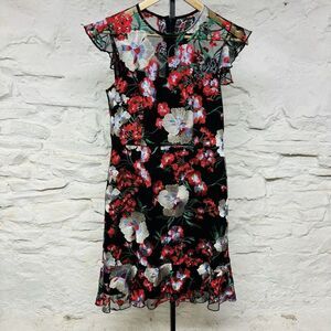 Donna Morgan Black Floral Party Dress Embroidered Sheer Ruffle Sleeve Hem y2k